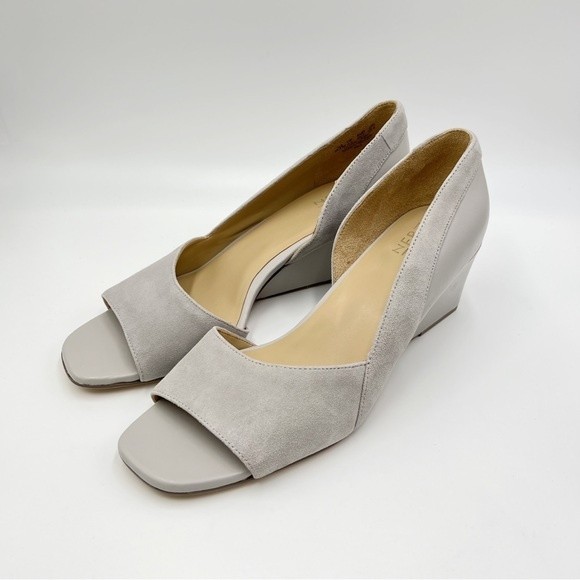 Naturalizer Size 10.5 Grey Gray Leather Suede Open Peep Toe Wedges Pumps Shoes - Picture 4 of 12